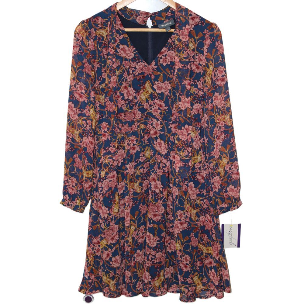 NWOT Womens ModCloth Blue Red Pink Floral Long Sleeve V-Neck A-Line Dress Size S